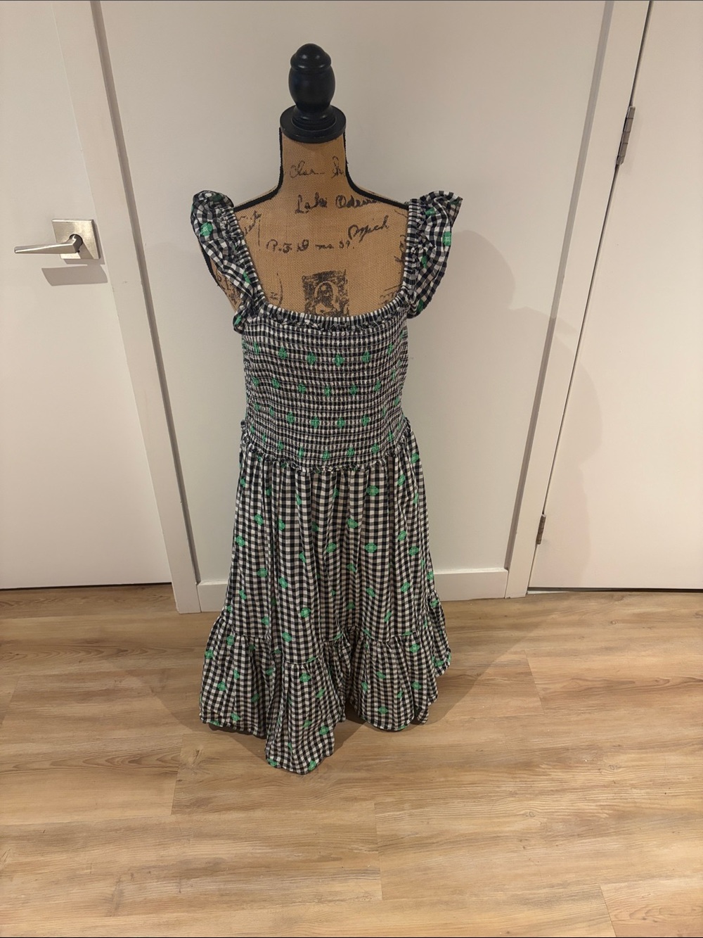 Kate Spade Black White Gingham Midi Dress with Green floral  Detail